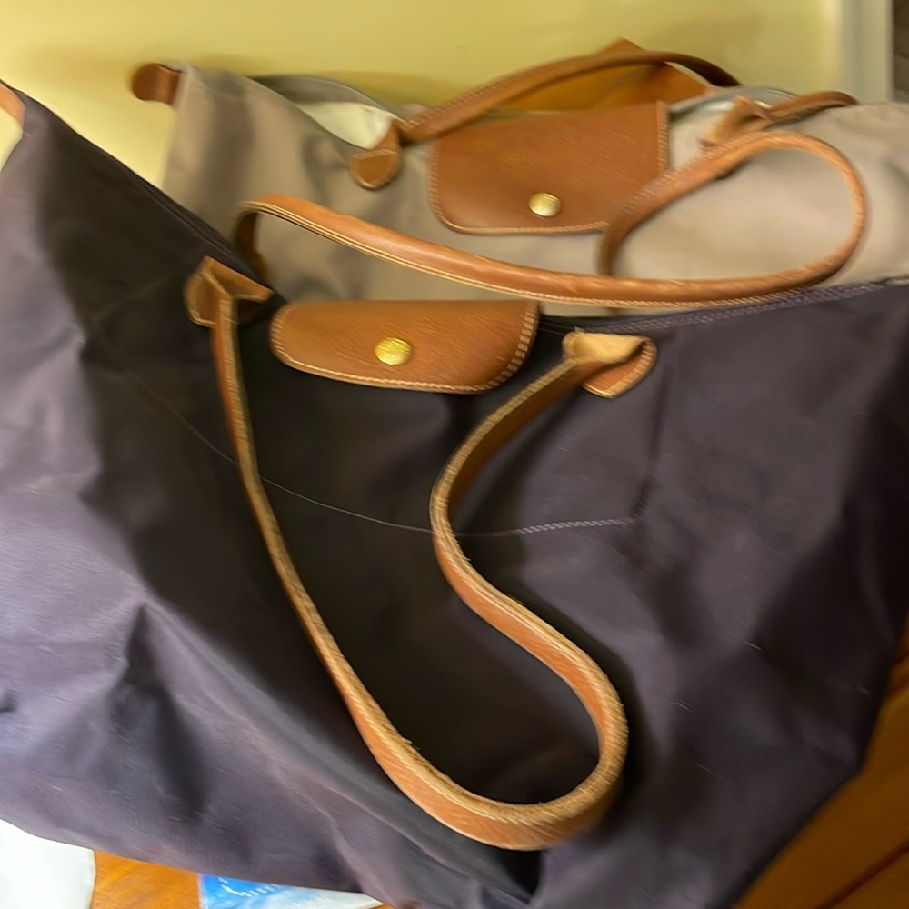 2 Longchamp Large Le Pilage - with damage at corners- $25 Deep purple and putty